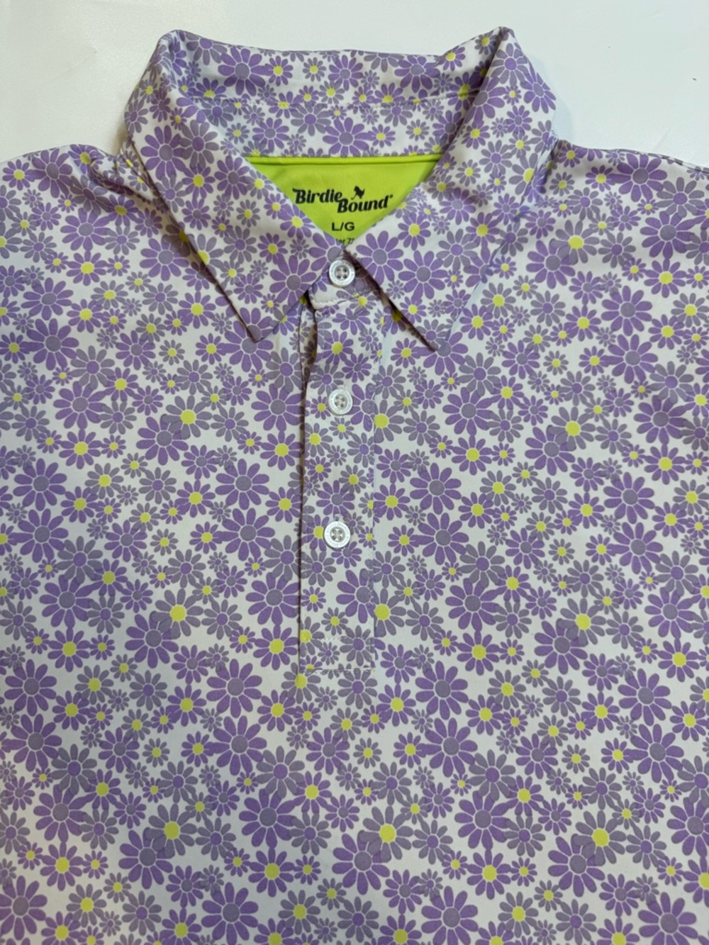 Birdie Bound Men’s Floral Polo in Lavender and Yellow Sz L